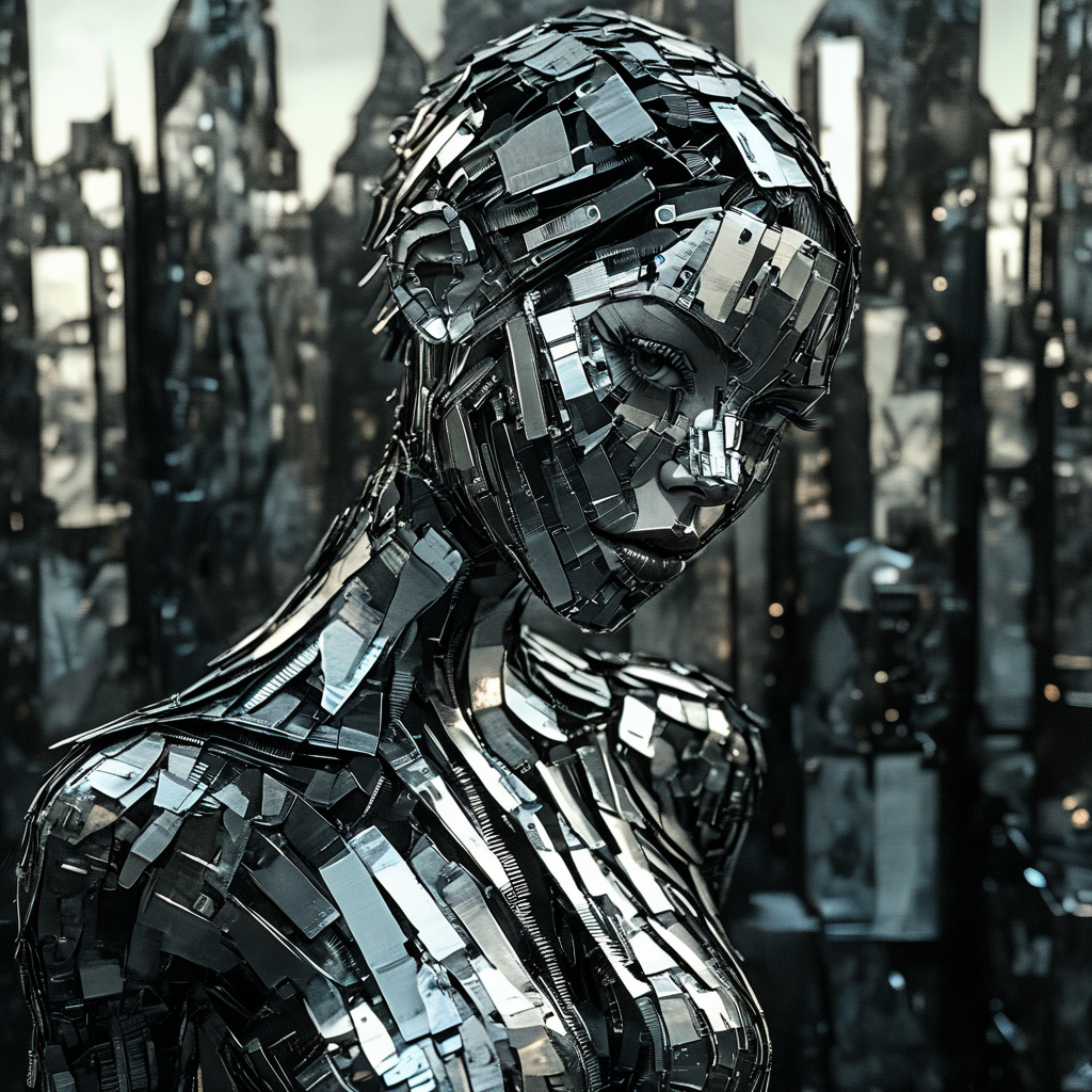 franglamex  professional photo cyborg girl in city  made of metal, high details and very detailed, cinematic, professional light, black background <lora:franglamex:1>