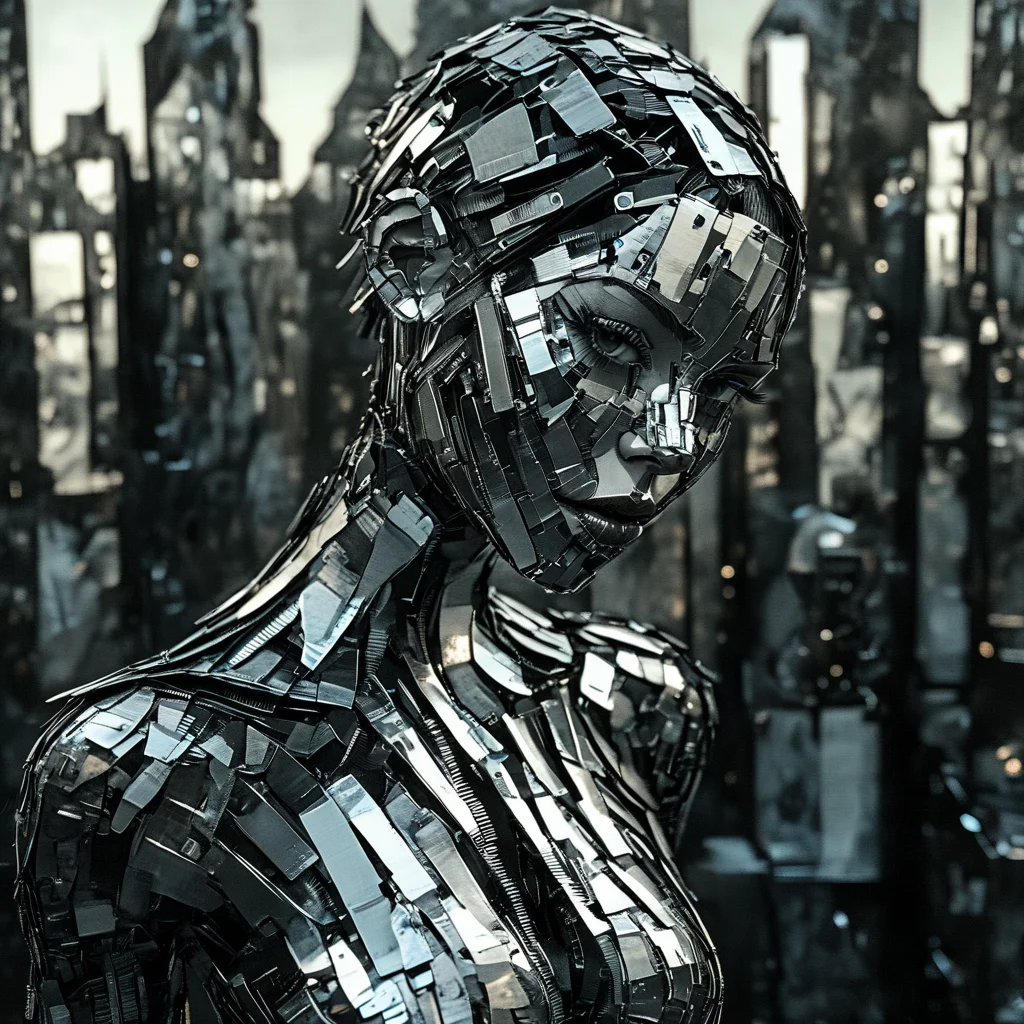 franglamex professional photo cyborg girl in city made of metal, high details and very detailed, cinematic, professional light, black background <lora:franglamex:1>