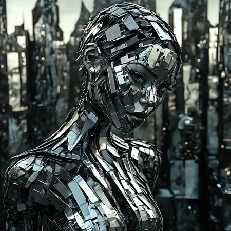 franglamex professional photo cyborg girl in city made of metal, high details and very detailed, cinematic, professional light, black background <lora:franglamex:1>