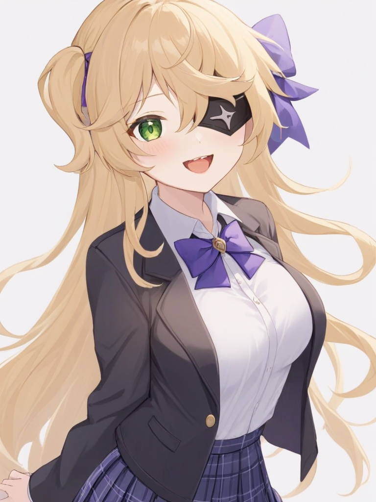 <lora:è²è°¢å°:1>ï¼1girl, fischl_\(genshin_impact\), green_eyes, eyepatch, skirt, solo, blonde_hair, shirt, plaid_skirt, bow, plaid, two_side_up, white_shirt, open_mouth, bowtie, long_hair, purple_bow, smile, jacket, purple_skirt, school_uniform, looking_at_viewer, purple_bowtie, hair_ribbon, bangs, ribbon, pleated_skirt, collared_shirt, breasts, teeth, black_jacket, white_background, upper_teeth_only, alternate_costume, hair_over_one_eye, :d, simple_background, long_sleeves, open_clothes, shirt_tucked_in