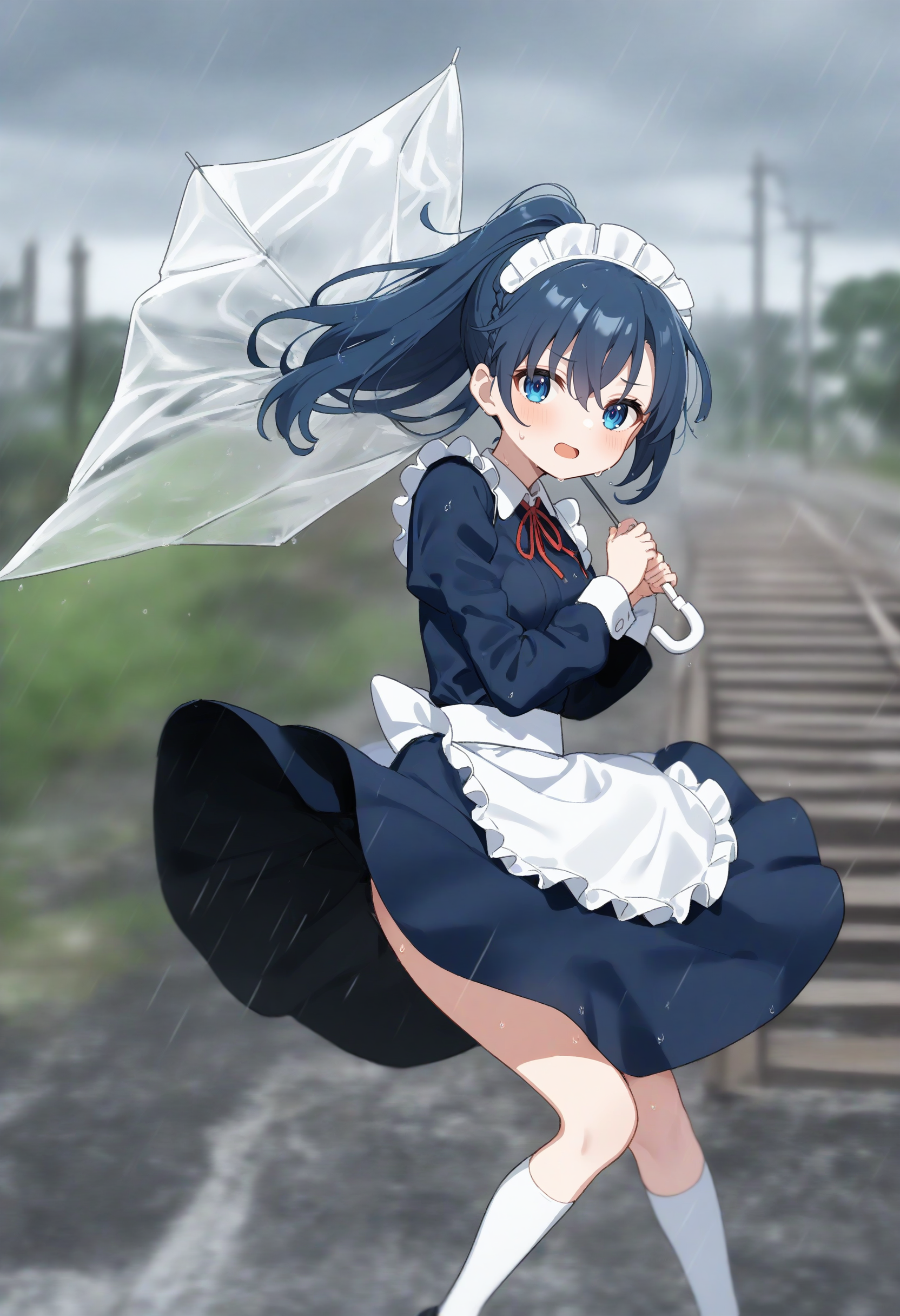 1girl,sincos, ningen mame, toosaka asagi,solo,medium breasts,20yo,maid,maid headdress,
cloudy sky ,floating hair ,leaning to the side,typhoon, storm ,raincoat,broken umbrella,umbrella,holding umbrella,rain,outdoors,wet,wind,wind lift, leaning forward, <lora:brokenumbrella_XL_v1:0.8>
from side, wide shot, looking to the side, blue hair, blue eyes,disdain, railway track, open mouth, braid ponytail hair,,
best quality, very aesthetic, absurdres