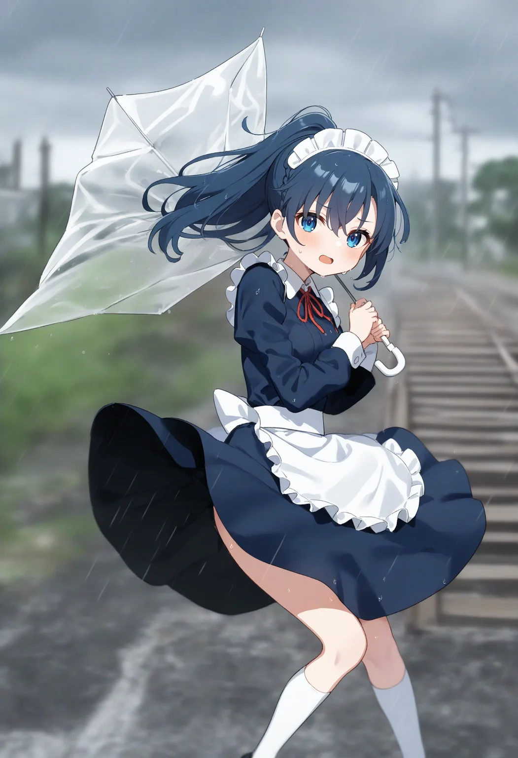 1girl,sincos, ningen mame, toosaka asagi,solo,medium breasts,20yo,maid,maid headdress,
cloudy sky ,floating hair ,leaning to the side,typhoon, storm ,raincoat,broken umbrella,umbrella,holding umbrella,rain,outdoors,wet,wind,wind lift, leaning forward, <lora:brokenumbrella_XL_v1:0.8>
from side, wide shot, looking to the side, blue hair, blue eyes,disdain, railway track, open mouth, braid ponytail hair,,
best quality, very aesthetic, absurdres