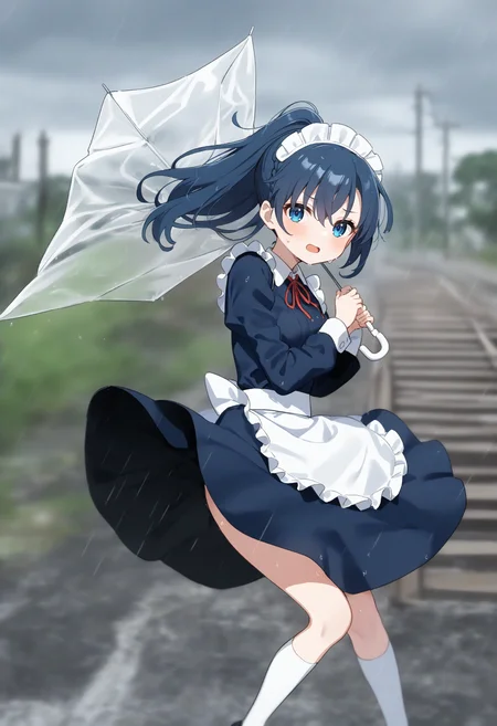 1girl,sincos, ningen mame, toosaka asagi,solo,medium breasts,20yo,maid,maid headdress,
cloudy sky ,floating hair ,leaning to the side,typhoon, storm ,raincoat,broken umbrella,umbrella,holding umbrella,rain,outdoors,wet,wind,wind lift, leaning forward, <lora:brokenumbrella_XL_v1:0.8>
from side, wide shot, looking to the side, blue hair, blue eyes,disdain, railway track, open mouth, braid ponytail hair,,
best quality, very aesthetic, absurdres