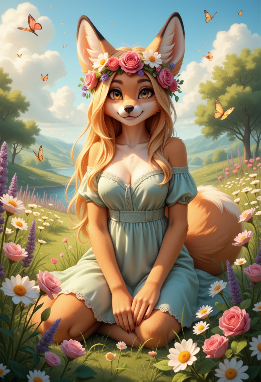 FurFemX. A radiant peach-furred fox woman in a lush fairy-tale meadow, wearing a floral crown. Butterflies dance around her as she picks wildflowers, the gentle hum of a nearby stream filling the air. The scent of honey and blooming lavender drifts through the breeze, blending with the soft chirping of birds.