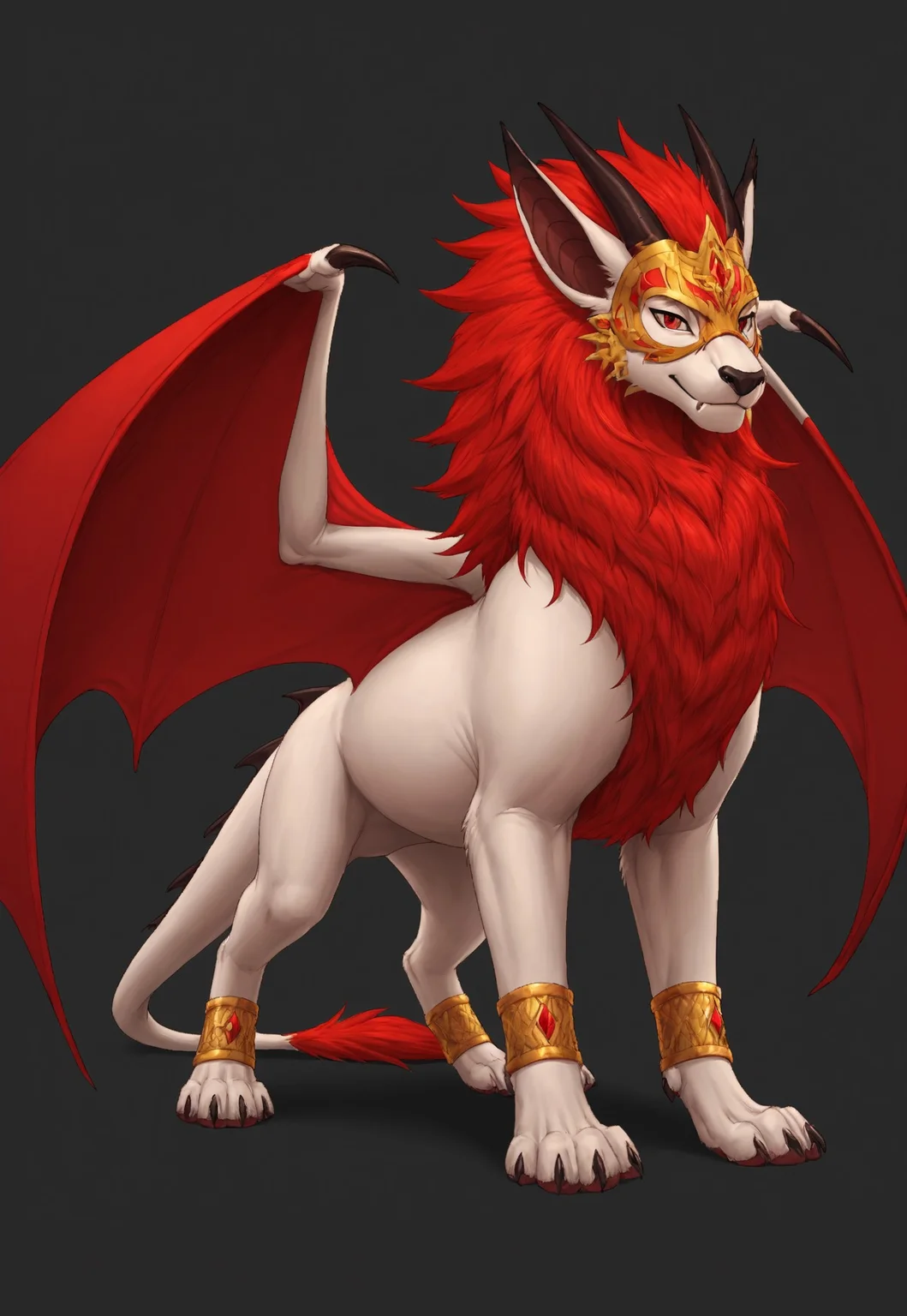 reallynxgirl_style, art, solo, feral, Rosard, full body, furry dragon, white body, white lion head, golden mask on face, red eyes, black nose, black bridge of nose, ((bat black ears)), (((long ears))), ((red mane)), red webbed wings, long white dragon tail with red tassel, gold bracelets on paws
