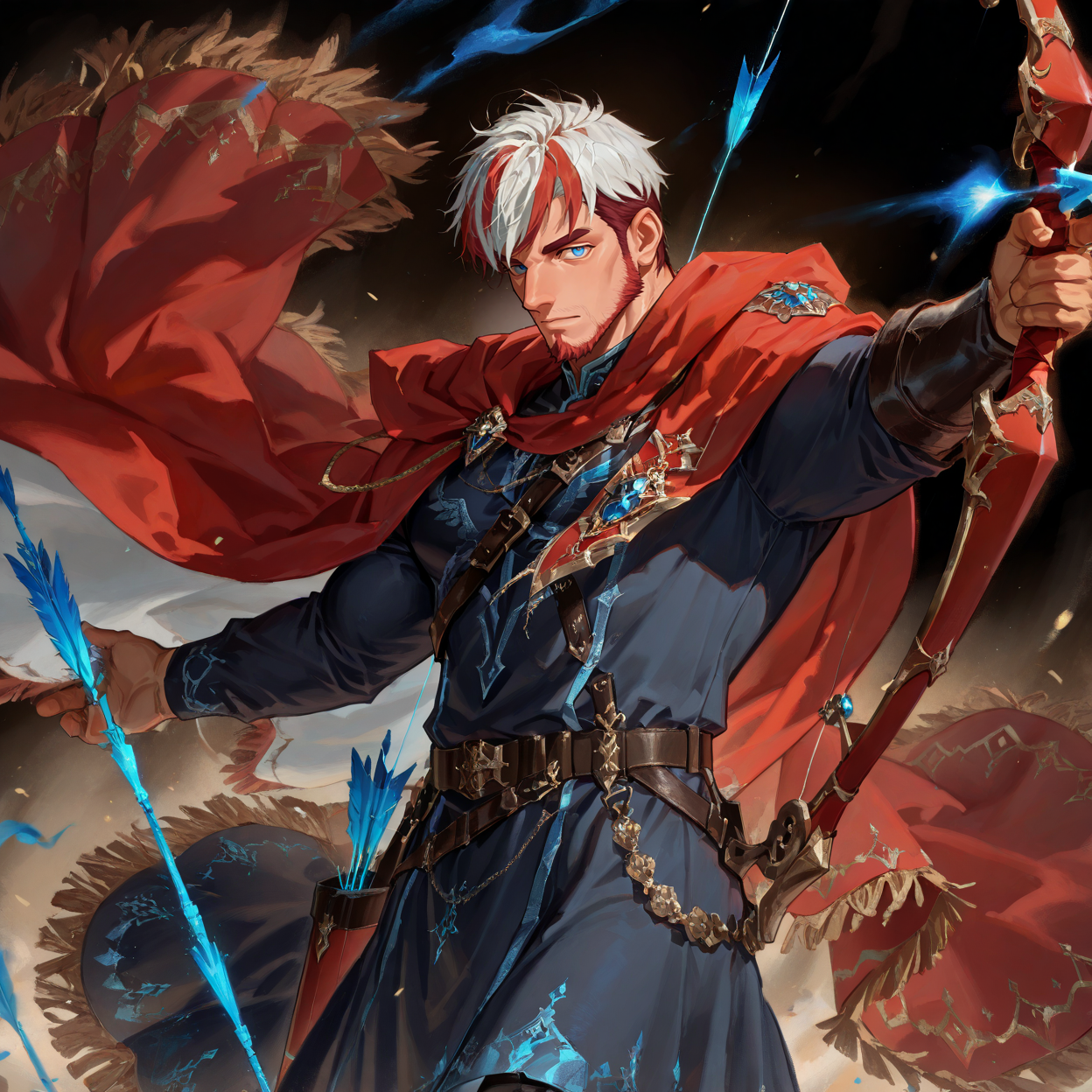 <lora:Ryle_Alchemist_Code-000003:.8>,(tagatameryle, white hair, red hair, 1boy, two-tone hair (white and red), single streaked hair, short hair, blue eyes, solo, male focus, mature male, muscle body, bara, cape, fringe-trimmed cape, robe, emblem, boots, longbow, holding bow (weapon), projectile arrow)
looking at the viewer, cowboy shot, 
(very short hair, beard, bara, mature, facial hair, stubble, beard, full beard, sideburn, beard, a lot of beard, ), facial hair,male focus, muscular male, muscular male, bara, mature,  bara, mature, aixiwuganda_(20222192), very awa, masterpiece, best quality, absurdres, newest, perfect quality, detailed background, intricate details,
<lora:slider_Body Type_alpha1.0_rank4_noxattn_last:3><lora:Anime Summer Days 2 Style SDXL_LoRA_Pony Diffusion V6 XL:.6><lora:slider_cfg_scale_boost:.7><lora:Artist6p:.55>, Artist6p, Artist04p,<lora:slider_il_brightness_slider_d1:-1><lora:slider_il_contrast_slider_d1:-1><lora:slider_DarkSlider1.2_alpha1.0_rank16_full_300steps:-.6>