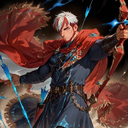<lora:Ryle_Alchemist_Code-000003:.8>,(tagatameryle, white hair, red hair, 1boy, two-tone hair (white and red), single streaked hair, short hair, blue eyes, solo, male focus, mature male, muscle body, bara, cape, fringe-trimmed cape, robe, emblem, boots, longbow, holding bow (weapon), projectile arrow)
looking at the viewer, cowboy shot, 
(very short hair, beard, bara, mature, facial hair, stubble, beard, full beard, sideburn, beard, a lot of beard, ), facial hair,male focus, muscular male, muscular male, bara, mature,  bara, mature, aixiwuganda_(20222192), very awa, masterpiece, best quality, absurdres, newest, perfect quality, detailed background, intricate details,
<lora:slider_Body Type_alpha1.0_rank4_noxattn_last:3><lora:Anime Summer Days 2 Style SDXL_LoRA_Pony Diffusion V6 XL:.6><lora:slider_cfg_scale_boost:.7><lora:Artist6p:.55>, Artist6p, Artist04p,<lora:slider_il_brightness_slider_d1:-1><lora:slider_il_contrast_slider_d1:-1><lora:slider_DarkSlider1.2_alpha1.0_rank16_full_300steps:-.6>