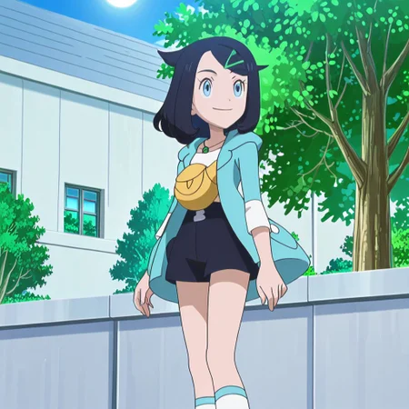 Score_8_up, score_9_up, masterpiece, easynegative, PokemonStyle, 1girl, solo, shilikodef, bangs, blue eyes, black hair, multicolored hair, eyelashes, cowlick, hairclip, medium hair, necklace, jewelry, hair ornament, sleeves past elbows, long sleeves, white shirt, open jacket, blue jacket, open coat, hooded jacket, green coat, yellow bag, blue shorts, black shorts, belt, white socks, shoe, (hands, five fingers), smiling, (standing, front view), (day, sun, tree, wind, green leaves, buildings),