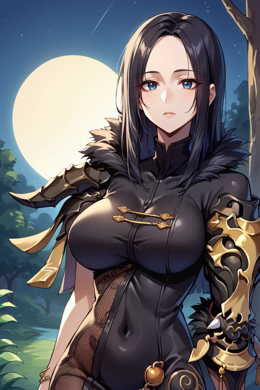 score_9, score_8_up, score_7_up, score_6_up, source_anime BREAK 1girl, solo <lora:jinsoyun-pdxl-nvwls-v1-000007:1> jinsoyun, black hair, black bodysuit, shoulder armor, fishnet, single gauntlet, bracelet, big breasts, looking at you, expressionless, night sky, forest, upper body