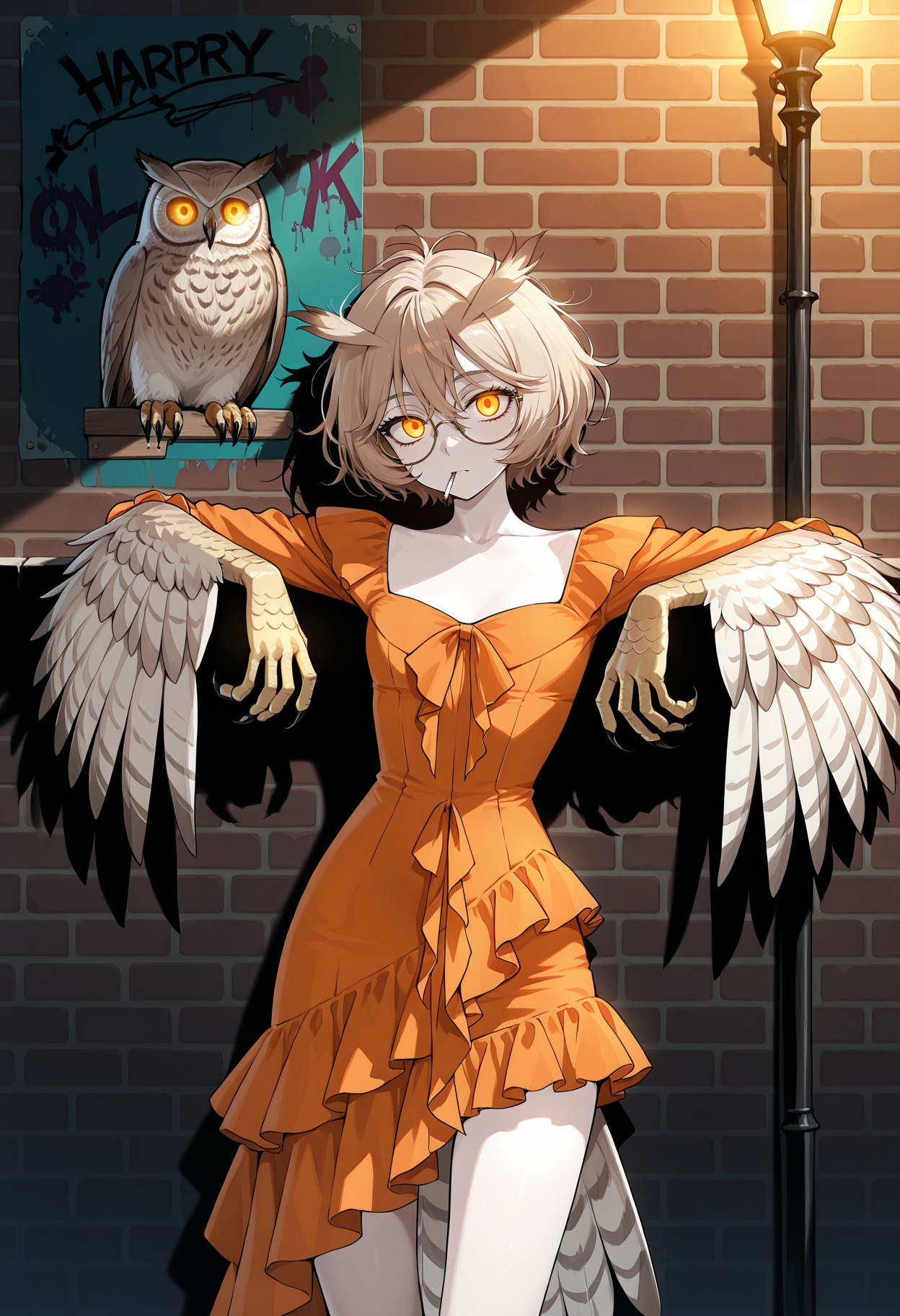 night, brick wall, graffiti, posters, street lamp,
1girl, small chest, clawed paws on arms, Monster Girl, brown short hair, messy hair, orange glitter eyes, (owl ears, bird tail), round glasses, harpy, glowing eyes, pale skin, (wings),
cowboy shot, leaning on wall, leaning on back, smoking, 
matakawadress, long dress, long sleeves, asymmetrical skirt, frills dress, bare neck,  orange dress,  <lora:MatakawaDressIlv2:1>,
 <lora:gogalkingIL-style:0.8>