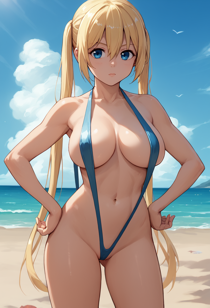 score_9,  score_7_up,  1girl, solo,  <lora:Kaho renew-000007:1>   Kojikaho, blonde hair, low twintails, blue eyes, large breasts,   slingshot swimsuit, beach, hands on hips,