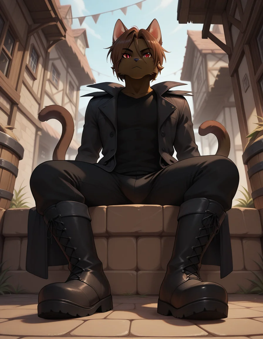 masterpiece, best quality, amazing quality, (carlos_gamerfox:1), ((male focus, 1boy, solo)), male, full body, anthro cat, cat ears, cat tail, from below, red eyes, coat, shirt, boots, pants, ((sitting)), village background, <lora:Illustrious\Carlos-Illustrious.safetensors:1.0:1.0>