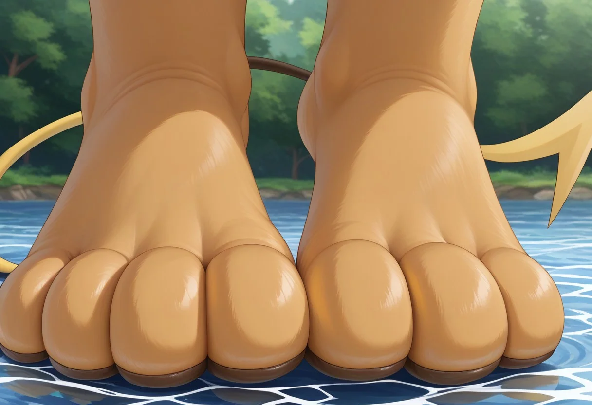 feral, raichu, pokemon (creature), barefoot, brown toes, brown feet, tan soles, 3 toes, water, standing, foot focus, close-up