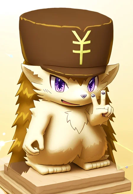 score_9, score_8_up, score_7_up, score_6_up, furry, cute, simple background, solo, kemono, hedgehog, hat with yen sign, male, full body, solo, male focus, hedgehog inaho, hat with japanese yen sign, purple eyes, beauty eyes, bluey style, lv1rubili, 3d, realistic, sidelighting, backlighting, depth of field, lens flare, pure white fur, happy face, blender style