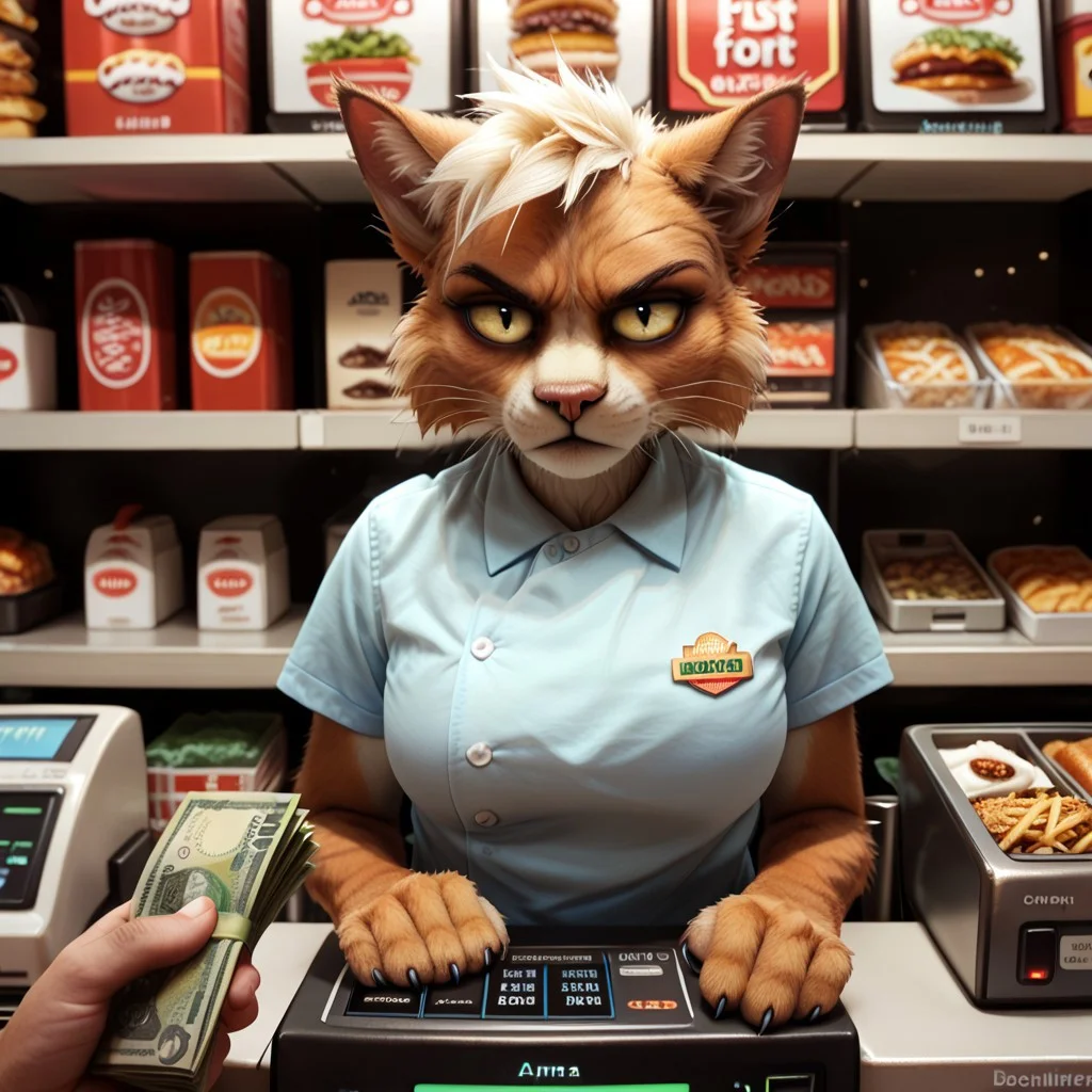score_9_up, score_8_up, score_7_up, score_6_up,
high angle, looking down, 1 female, standing at a fast food counter with a cash register is (anthro furry cat t'ana), wearing fast food employee shirt, (no hat, hatless:1.2), nametag, (frowning heavily:1.3), furry arms, furry hands, detailed fur,
<lora:holding-money-pov-ponyxl-lora-nochekaiser:1>holding money pov, holding money, pov, banknote, holding
BREAK
fast food restaurant, bright, cash register, food menu, close up shot, realistic, beautiful, 4k, highly detailed, dramatic angle,
