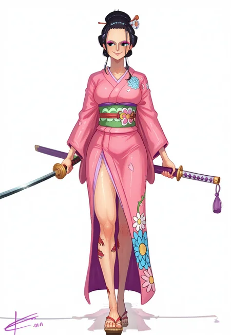 safe_pos, 1girl, solo, nico robin(one piece), e 3lt0n3l, long kimono, legs exposed, zori sandals, dragon tatoo on leg, holding katana, smile, makeup