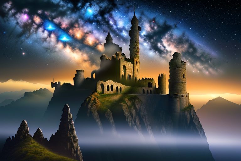 A mythical nightscape illuminated by the glow of a thousand stars, a towering castle perched atop a craggy cliff, its spires reaching towards the heavens, a mystical aura enveloping the scene, with fantastical creatures soaring through the night sky, Photography, DSLR camera with a telephoto lens (200mm), f/2.8 aperture, ISO 1600, --ar 16:9 --v 5