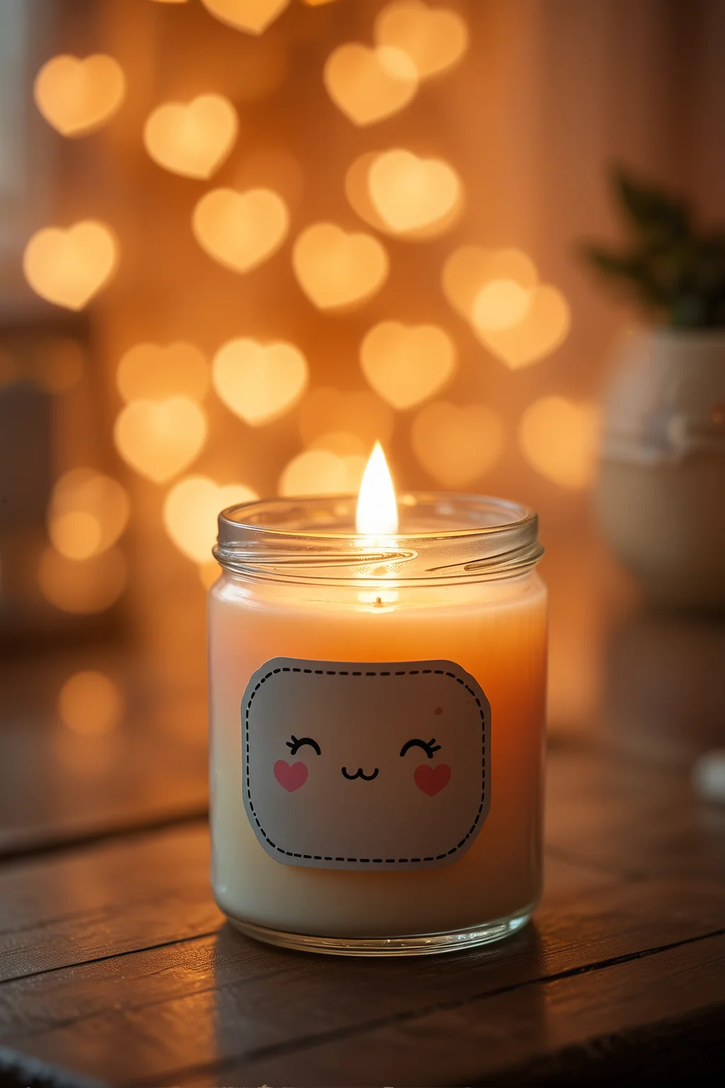 Adorable handmade candle, with a kawaii label, soft bokeh lights from a cozy room, warm and inviting super cute wallpaper,  bokehmachine, blurry background, heart bokeh