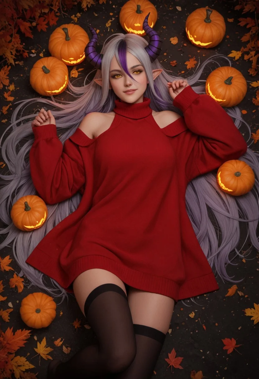 score_9, score_8_up, score_7_up, score_6_up,
1girl, 25 years old, perfect face, looking at viewer, adult, sexy,
yellow eyes,
demon girl, demon horns, huge horns, striped horns, black horns, purple horns, pointy ears,
multicolored hair, streaked hair, grey hair, purple hair, long hair, very long hair, hair between eyes,
red sweater, oversized_clothes, bare shoulders, bottomless, black thighhighs,
autumn, autumn leaves,
night, glowing pumpkins, full moon,
on back, on floor, lying, arms up, seductive smile,