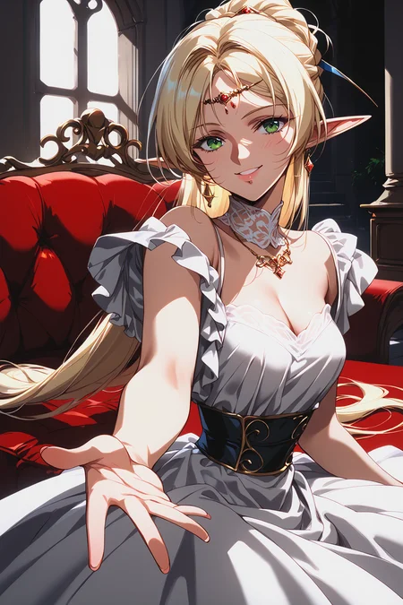 score_9, score_8, score_7, score_6_up, score_5_up, reaching towards viewer,
deedlit, circlet, white dress, ball gown, (updo), short hair, bare arms,
beautiful face, 24 years old,
smile, green eyes,
bangs,
record of lodoss war,
upper body,
palace, indoor, red carpet, medieval style dress, off shoulder, sleeveless,
<lora:Degen_Deedlit_v1:0.55>, <lora:TOO_NobuteruYuuki_v3B_PonyXL:0.55>, <lora:PirotessXLpony001:0.3>, <lora:Urushihara Satoshi_XL_PONY_V2:0.4>, <lora:Sinozick_Style_XL_Pony:0.2>, <lora:DefaultZ17:0.2>, <lora:style1:0.2>, <lora:pixivtext2:0.2>,