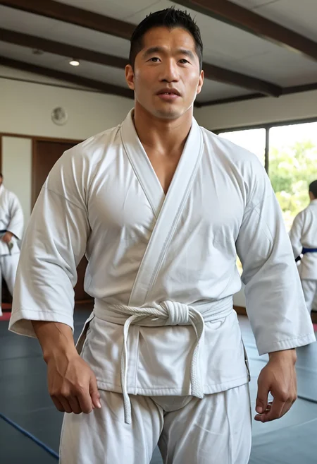 score_9, score_8_up, score_7_up, realistic, photorealistic, highly detailed, intricate details, depth of field, black hair, (shiny oily skin), mature male, mature, muscular, large pectorals, puffy nipples, (((htkangface))), East Asian face, male focus,bara,muscular male, pectorals, muscular, large pectorals, huge nipples, lactation, tanned skin, fucking, tanned skin, close up portrait, zoom in face, looking at viewer, (((folding arms))), white background, indoors, seductive face, (((judo uniform, judo, martial arts clothes))), hairy body (((n3yuk1d0u)))