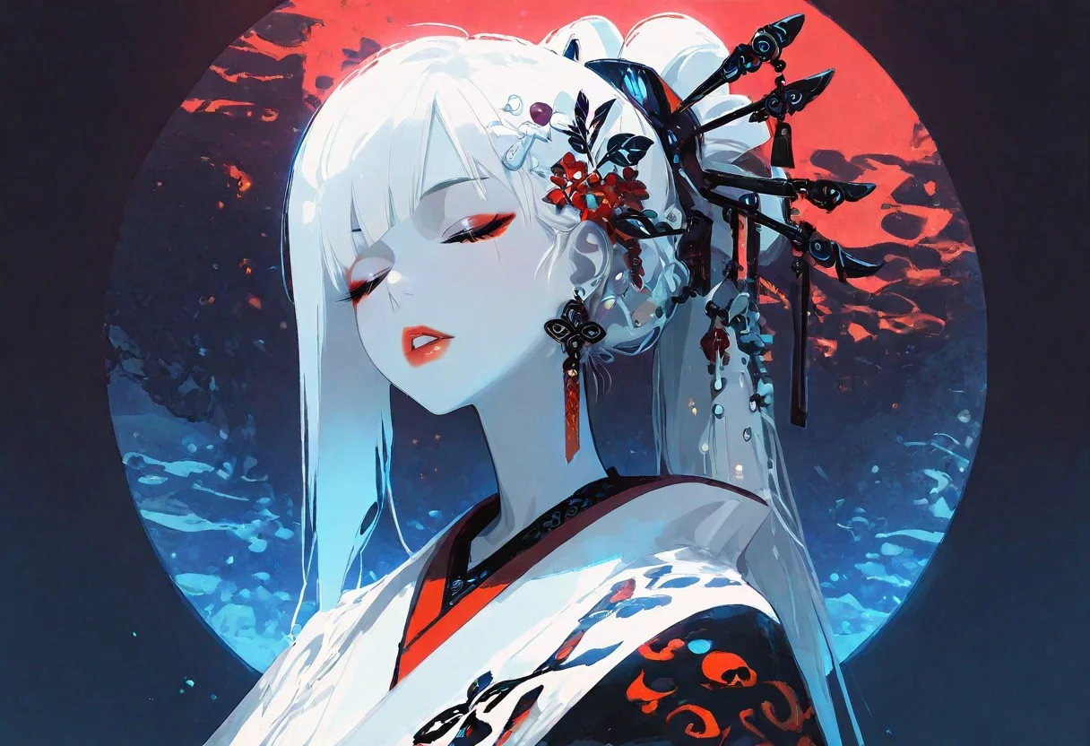 masterpiece, best quality, amazing quality, 1girl, solo, long hair, hair ornament, upper body, closed eyes, white hair, ponytail, earrings, parted lips, japanese clothes, kimono, lips, makeup, colored skin, background, lipstick, pale skin, eyeshadow, eyeliner, red lips, hair stick, circle, Cinematic Lighting, <lora:ppw_v7_noobEv1.1:0.5> <lora:XXX667:0.5> <lora:nhl-004:0.8>