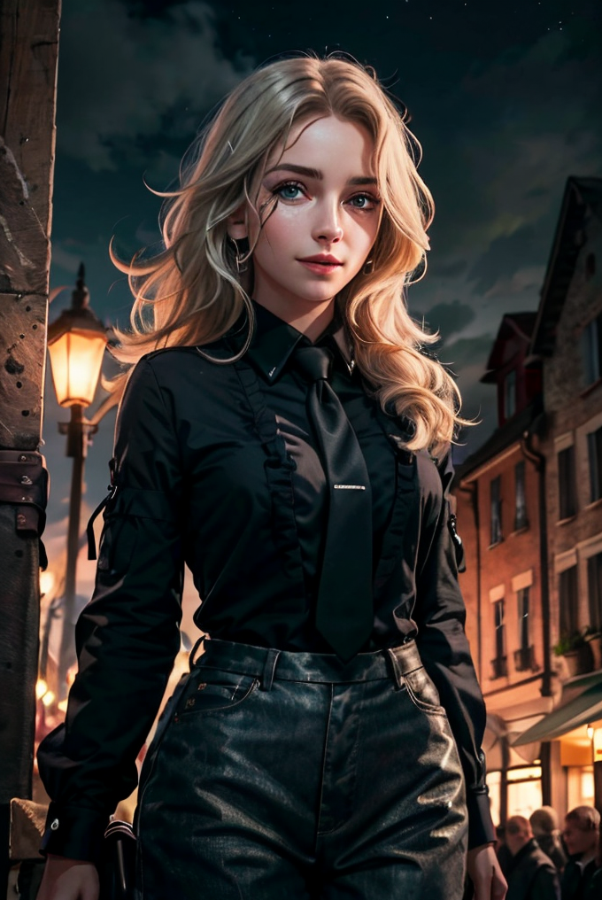 (cowboy shot:1.1), (masterpiece, best quality, high quality, highres, ultra-detailed), lamppost, night, crowd, 
1girl, long hair, platinum blonde hair, green eyes, looking at viewer, light smile, allblacksuit, 
AS-Adult, Asian-Less, SkinHairDetail, <lora:attire_allblacksuit:1>,