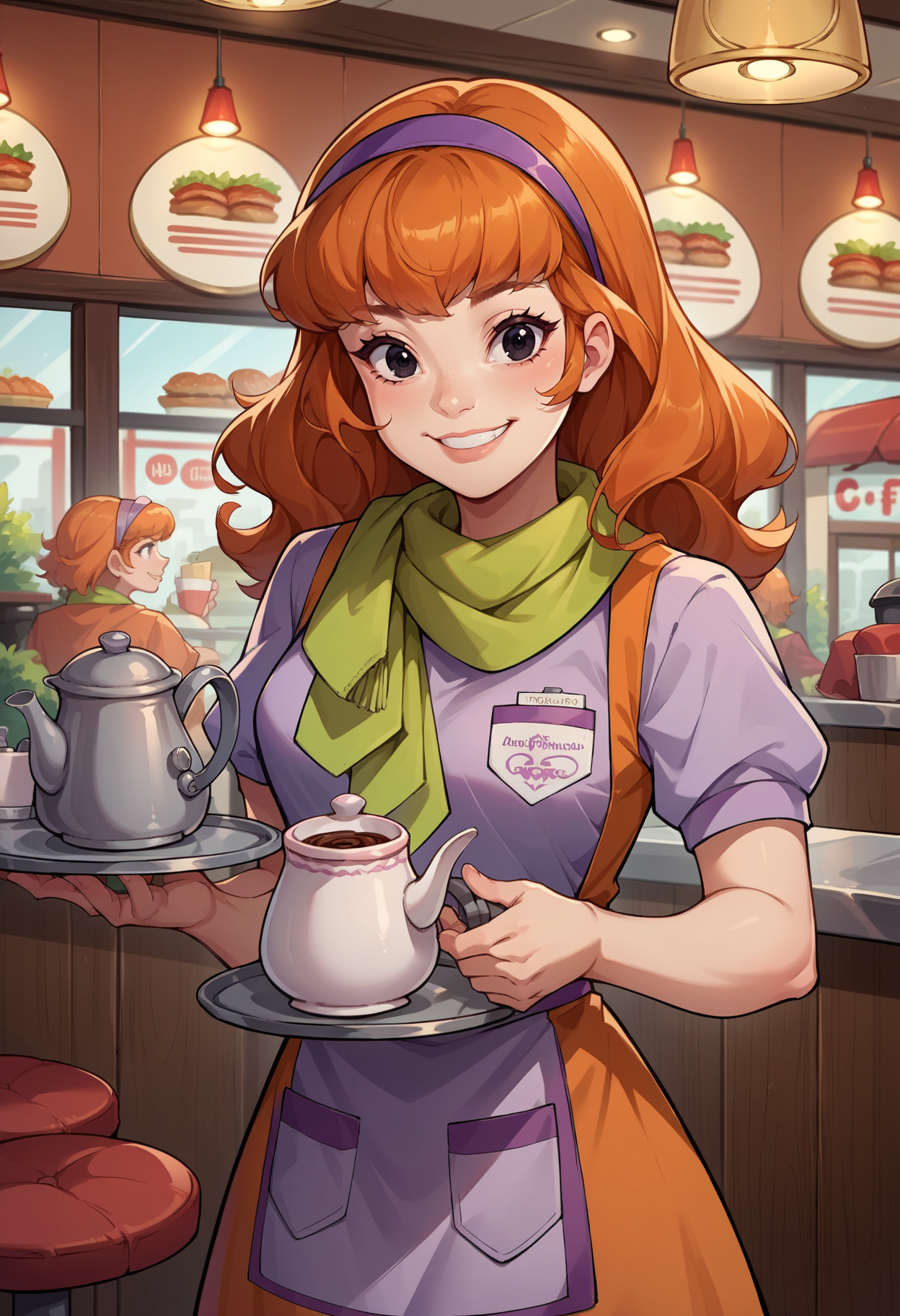 score_9, score_8_up,score_7_up, source_anime,1girl, solo,<lora:EPsbdDaphne:1>,  EPsbdDaphne, orange hair, long hair, black eyes, purple hairband, green scarf, 
 indoors, diner, holding, coffee pot, waitress, tray, serving, standing, smile