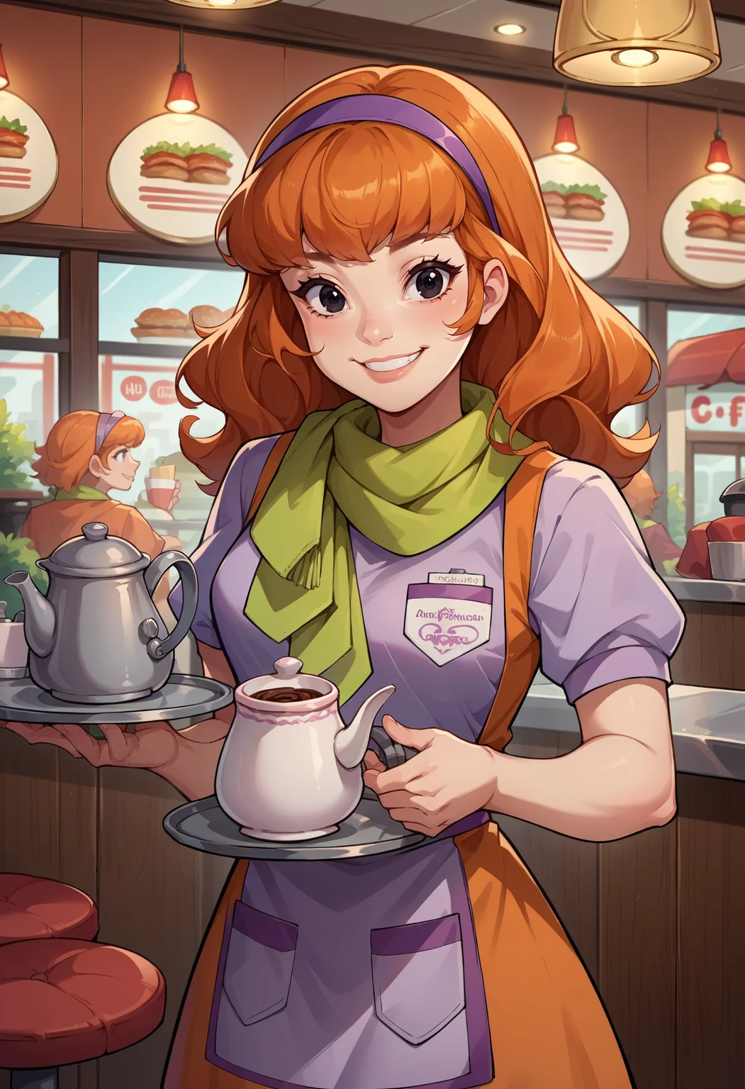 score_9, score_8_up,score_7_up, source_anime,1girl, solo,<lora:EPsbdDaphne:1>, EPsbdDaphne, orange hair, long hair, black eyes, purple hairband, green scarf,
indoors, diner, holding, coffee pot, waitress, tray, serving, standing, smile