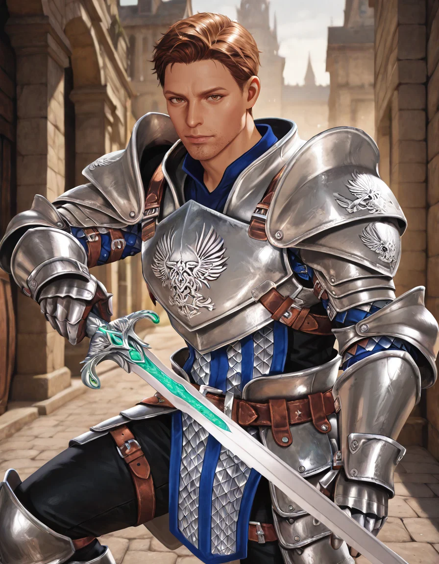 masterpiece, best quality, absurdres, newest, perfect quality, best quality, absolutely eye-catching, detailed background, intricate details, male focus, realistic, solo, <lora:Dragon Age - Alistair Theirin - Illustrious:0.7> da_alistair, male, short hair, brown eyes, stubble, warden pauldrons, warden breastplate, warden chainmail, warden belt, warden tassets, warden gauntlets, black pants, warden boots, outdoors, holding sword, fighting stance, looking at viewer