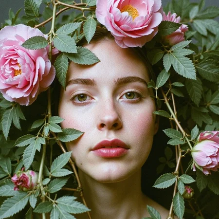 analog film photo surrealist art ultra realistic, ultra detailed, ultra quality, ultra lighting, cinematic, ethereal ambience, ethereal presence , surreal close-up analog portrait of a womanâs face surrounded tightly by overgrown soft pink peonies and dusty green vines, flowers gently framing her head like a living baroque collar, skin softly glowing, lips parted and glossed, gaze lifted as if in trance, hair hidden under petals, shot on Contax G2 with Kodak Portra 160, low contrast and gentle blooming highlights, floral still life meets human beauty, feminine, poetic, slightly uncanny
 <lora:Beautifulartisticportraitsv.1.4:1> aesthetic, surr34l . dreamlike, mysterious, provocative, symbolic, intricate, detailed, RAW candid cinema, 16mm, color graded portra 400 film, remarkable color, ultra realistic, textured skin, remarkable detailed pupils, realistic dull skin noise, visible skin detail, skin fuzz, dry skin, shot with cinematic camera . faded film, desaturated, 35mm photo, grainy, vignette, vintage, Kodachrome, Lomography, stained, highly detailed, found footage