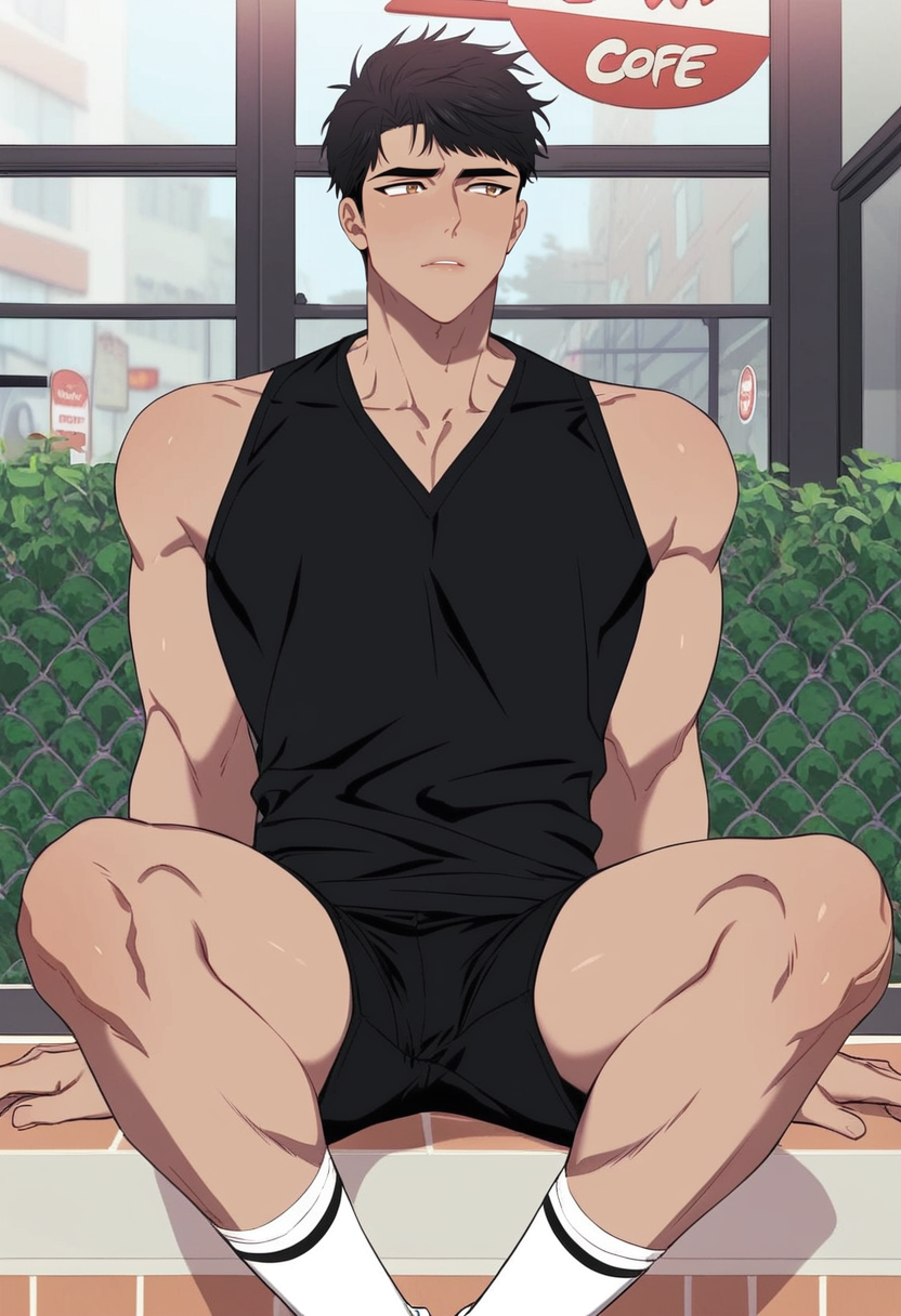 score_9,score_8_up,score_7_up,1boy,solo,yaoi,bara,male focus,fairly nsfw,uncersored,highres,best quality,amazing quality,best aesthetic,absurdres,<lora:add-detail-xl:1>,<lora:Expressive_H:1>,Expressiveh,<lora:Joo_Yi-hyeok:0.8>,joo yi-hyeok,short hair,black hair,brown eyes,sleeveless shirt, black shirt,looking to the side, sitting,street,outdoors, arm support, cafe, thighs, black shorts, white socks,