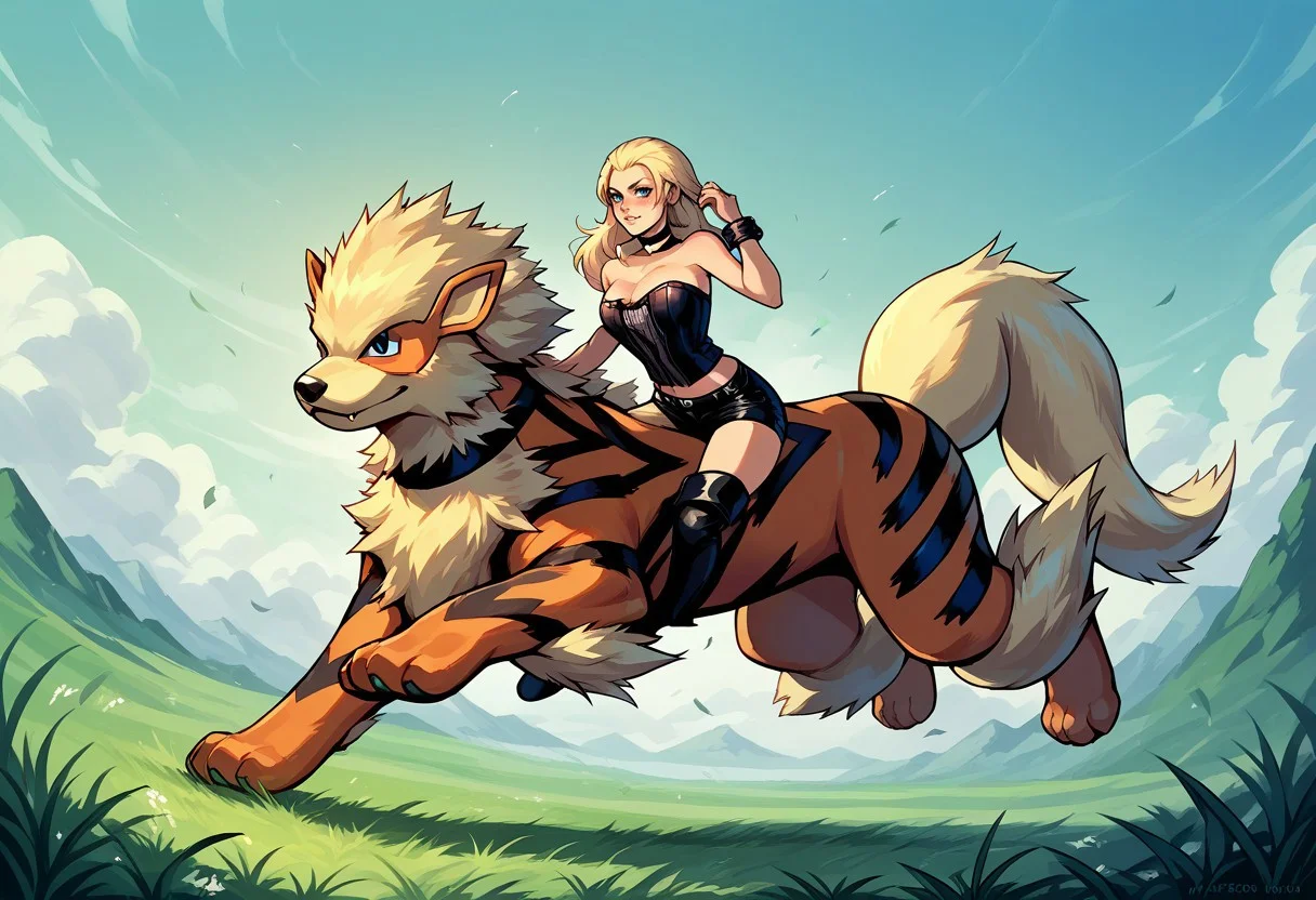 safe_pos, Trish is wearing leather shorts and boots while riding on a large Arcanine as it jumps.
score_9, score_8_up, score_7_up, score_6_up, source_anime, BREAK masterpiece, TRISH, hair slicked back, blue eyes, bustier, cleavage, midriff, leather shorts, choker, full body, boots, outdoors, field, grass, looking at viewer, 1girl, best quality, blush, seductive smile, bracelet, riding, animal, riding animal, riding arcanine, side_view, BREAK score_9, score_8_up, score_7_up, score_6_up, source_furry, dof, full body, solo, <lora:POKEMON_ARCANINE:1> arcanine, large arcanine, pokemon (creature), jumping, feral, side_view
