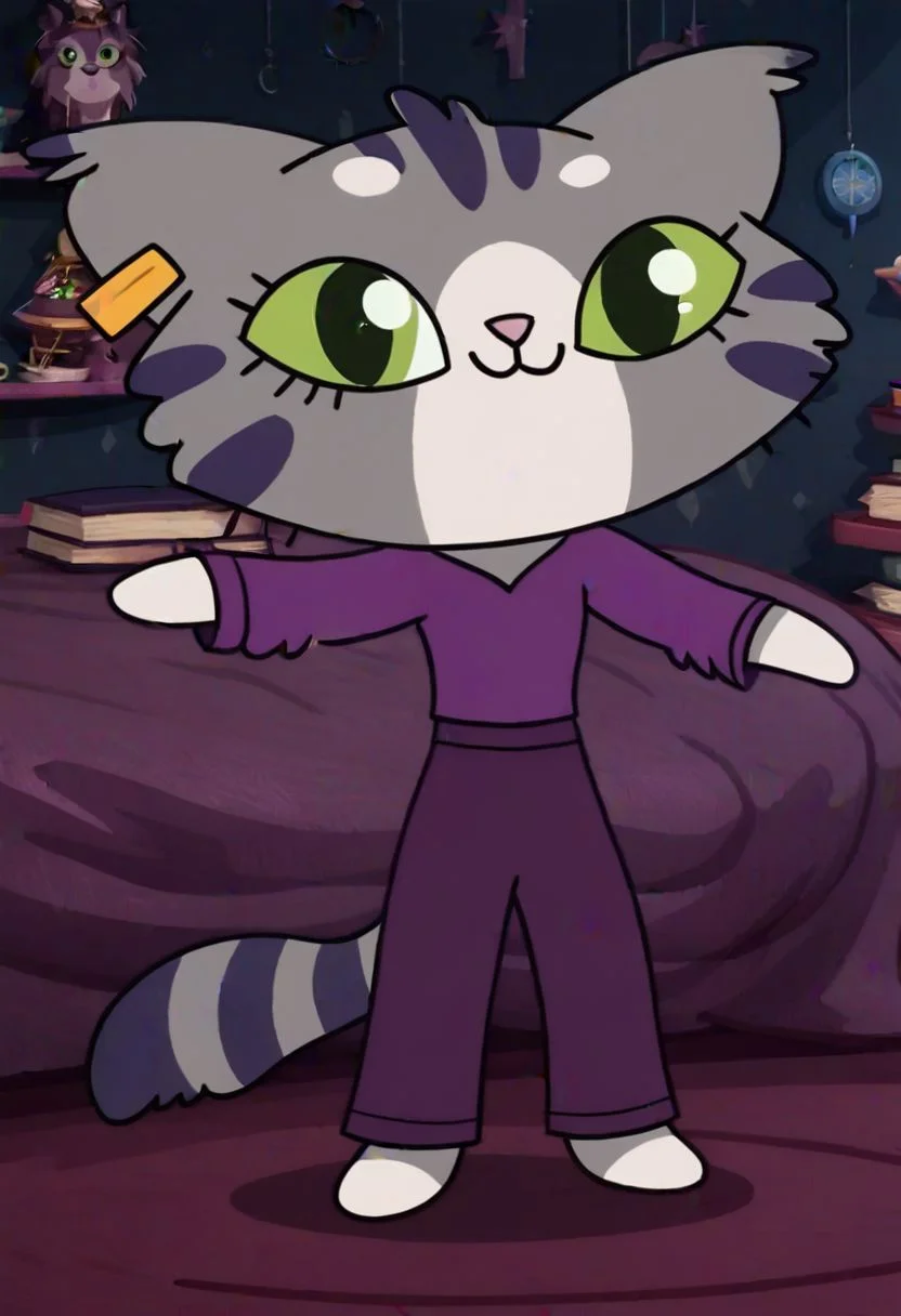 pimpochka, masterpiece, concept art, digital art, realistic,
1girl,
albatrya,
purple shirt and pants,
smiling,
green eyes,
AissistV2