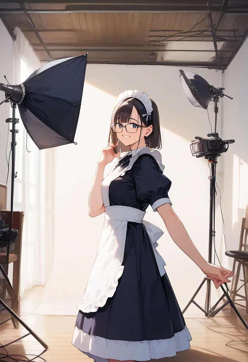 score_9, score_8_up, score_7_up, rating_safe, masterpiece, best quality, absurdres, unity 8k wallpaper, official art, official style, source_anime, uncensored, game cg, megami magazine,
1girl, solo, glasses, black hair, medium hair, maid dress, black dress, maid apron, maid headdress, standing, smile, happy, looking at viewer,
photostudio, shooting light, indoors, camera, chair, cyclorama, white cyclorama
<lora:photostudio_pony_V2:1>