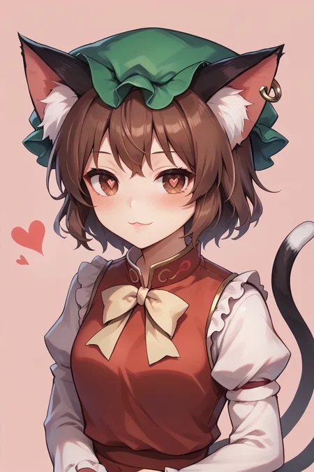 score_9, score_8_up, score_8, score_9, 1 girl,  source_anime, <lora:chen_pony-10:1>, chen, brown hair, brown eyes, cat ears, green hat, mob cap, two tails, red dress, juliet sleeves, frills, <lora:Concept Art Ultimatum Style LoRA_Pony XL v6:0.8>, <lora:princess_xl_v2:0.8>, <lora:Smooth Anime 2 Style SDXL_LoRA_Pony Diffusion V6 XL:0.8>, <lora:add-detail-xl:-0.5>, danmaku, touhou, heart, heart-shaped pupils, heart eyes, blush