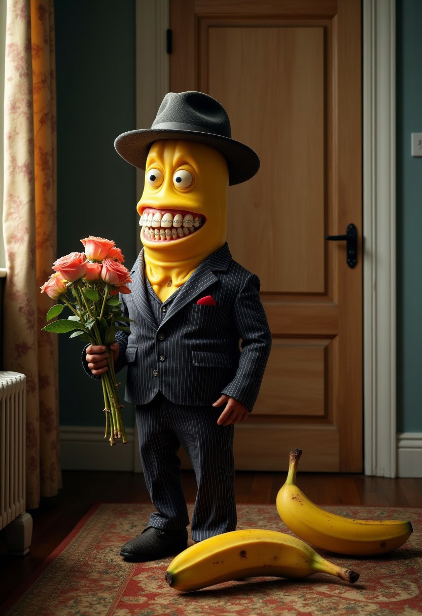 Hyper-realistic surreal photo of a sad banana with dentures, wearing a hat and a pinstriped suit. Standing by the bedroom door with a bouquet of roses. The yellow peel from a banana lay by his feet.