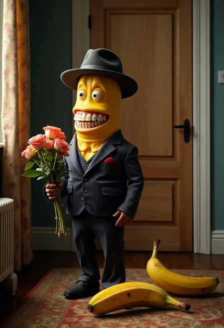 Hyper-realistic surreal photo of a sad banana with dentures, wearing a hat and a pinstriped suit. Standing by the bedroom door with a bouquet of roses. The yellow peel from a banana lay by his feet.