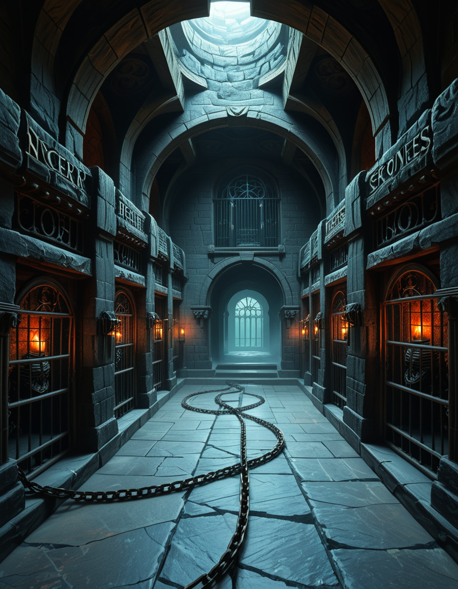 Deep within the necromancerâs fortress lies the Cell Block of the Damned, an endless crypt of imprisonment where no living beings resideâonly echoes of suffering and the restless remains of those long forgotten. The architecture is grotesque and unnatural, a fusion of blackened stone, rusted iron, and calcified bone, as if the walls themselves were formed from the fused remains of the dead. The air is cold, stale, and thick with an unnatural mist that coils like spectral fingers along the cracked floor.
Endless rows of iron-barred cells line the cavernous chamber, their interiors cloaked in unnatural darkness. Some cells contain skeletal figures, shackled in rusted chains, their hollow eye sockets glowing faintly with eerie green or crimson light. Others house shadowy wraiths, their indistinct forms flickering like dying embers, bound by ancient runes etched into the very fabric of the stone. A few cells appear completely empty, yet whispers emanate from withinâechoes of prisoners that no longer exist, but whose agony remains imprinted upon reality itself.
The walls pulse faintly, veins of necrotic energy coursing through their surface, feeding upon the despair and suffering trapped within. Chains dangle from the ceiling, some still swinging slightly as if disturbed by unseen forces. Along the floor, pools of black ichor seep from cracks in the stone, shifting unnaturally as if alive, swallowing anything that lingers too long.
At the heart of the chamber stands a monolithic iron cage, its bars twisted and gnarled, as though shaped by something with no regard for natural law. Inside, a shifting mass of bone, spectral energy, and dark mist writhes in eternal torment, its presence a gravitational wound in reality itself. The cage hums with an ominous resonance, its locks sealed with infernal sigils that glow with unholy fire, ensuring that whatever lurks within remains containedâfor now.
Above, an ancient stone archway looms, inscribed with ever-changing runes that bleed a slow, black liquid. Beyond it, the corridor stretches endlessly, shrouded in a choking fog where shapes move in the distance, watching, waiting. No footsteps ever echo in this place. No voices call out. Only the whispers of the forgotten, the endless creaking of rusted metal, and the sensation that somethingâsomething old, something hungryâis always watching.
This is not a prison.
It is a tomb for souls, a place where the dead are left to fester, to wither, and to become something else.
Style & Mood :
- Dark fantasy, gothic horror, necromantic aesthetics
- Cinematic, highly detailed, eerie lighting
- Infernal atmosphere, filled with shadows, glowing runes, and spectral entities
- Inspired by the works of ZdzisÅaw BeksiÅski, H.R. Giger, and dark medieval occultism
 <lora:SDXLFaeTastic2400:0.4> <lora:extremely_detailed:0.4> extremely detailed,<lora:necromancer_c3ll_bl0ck:1>,necromancer c3ll bl0ck, Masterpiece,best quality,hi res,8k,hi res,8k,award winning,(sharp focus, intricate, highly detailed),