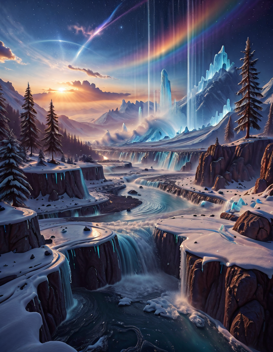 <lora:Space_Worlds_Minis_4:1.0> swminis4all, swminis4, swminis4bis, n1, n3, n0, beautiful giant waves, lots of wind, waterfalls, ice walls, snow mountains, stream, blue iced rocks, trees, rainbow
