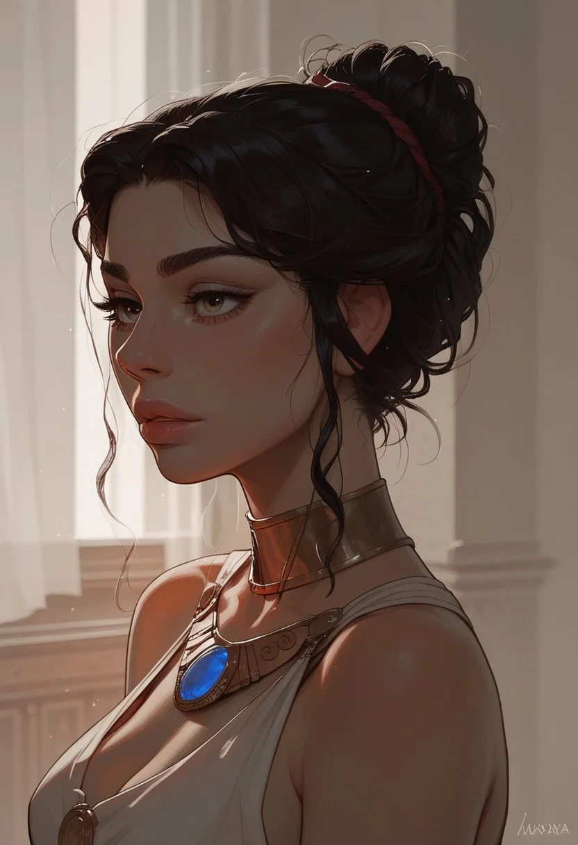 (score_9, score_8_up, score_7_up). ( line work, excellent drawing, highest quality, extremely detailed:1.2). 1woman, Greek Goddess Hera, perfect face, beautiful eyes, long lashes, dark hair, princess bun, glossy lips, ancient greek dress, g0thicPXL, romantic, cinematic lighting, volumetric lighting, motion effects, source_cartoon