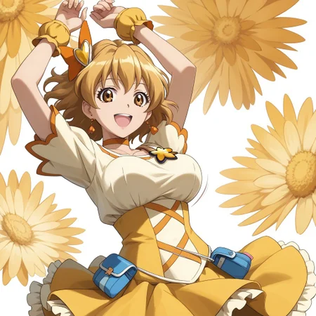 1girl, solo,curepine, short hair, brown eyes,   white dress,smile,large breasts,yellow skirt
arms up,bouncing breasts
low-amgle,upskirt
score_9, score_8_up, score_7_up,  masterpiece, best quality,  source_anime,  uncensored, detailed background,