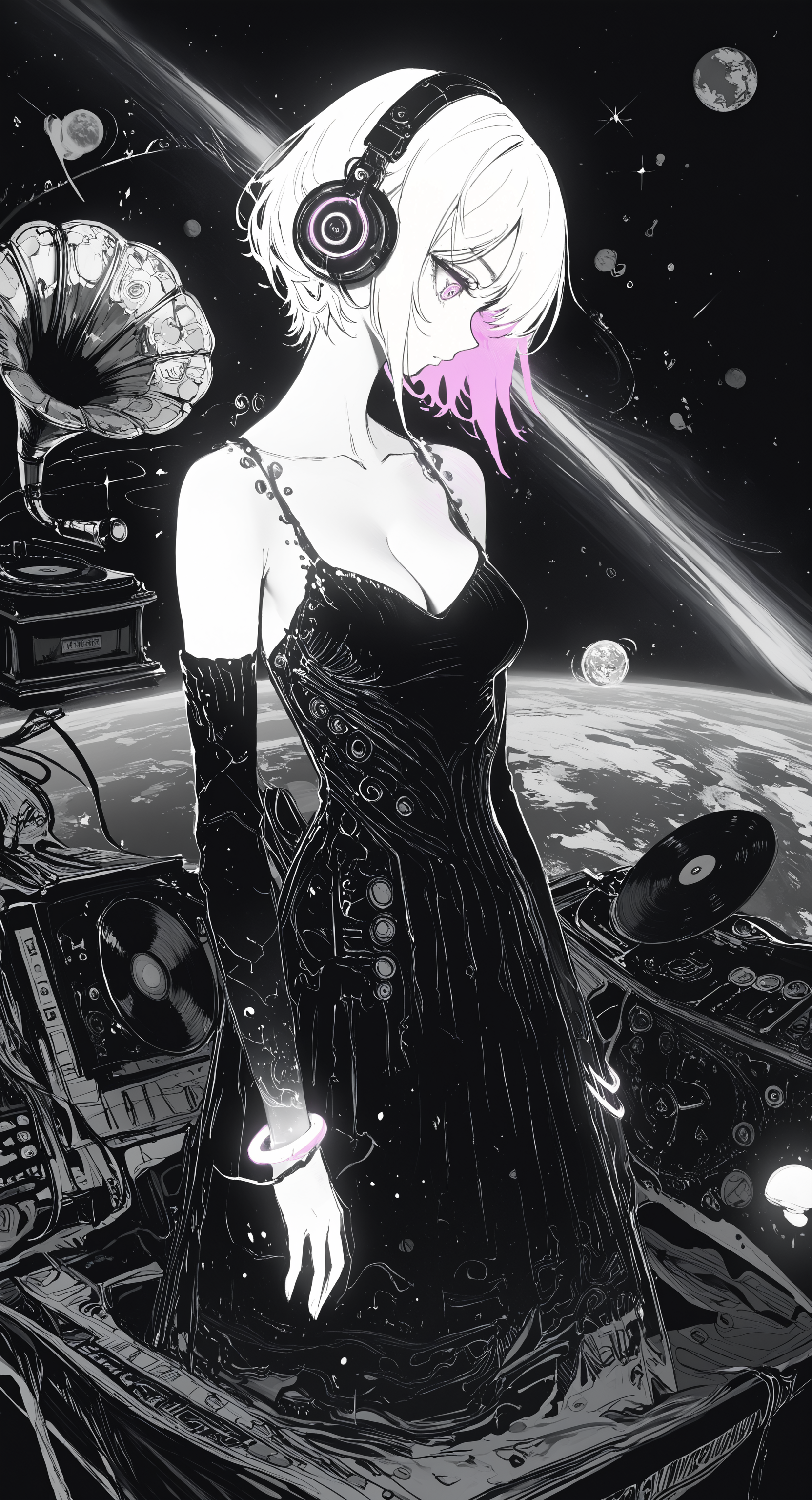 masterpiece, best quality, good quality, very awa, newest, highres, absurdres, 1girl, solo, breasts, dress, cleavage, jewelry, bare shoulders, medium breasts, collarbone, monochrome, greyscale, detached sleeves, bracelet, profile, headphones, looking down, music, cable, space, planet, earth \(planet\), high contrast, phonograph, record, limited palette, sketch, glowing, psychedelic, <lora:illustriousXL_stabilizer_v1.23:0.3> <lora:NOOB_vp1_detailer_by_volnovik_v1:0.3> <lora:ponyv6_noobE11_2_adamW-000017:0.3> <lora:114558v4df2fsdf5:0.7> <lora:XXX667:0.5> <lora:mon_monmon2133:0.6>
