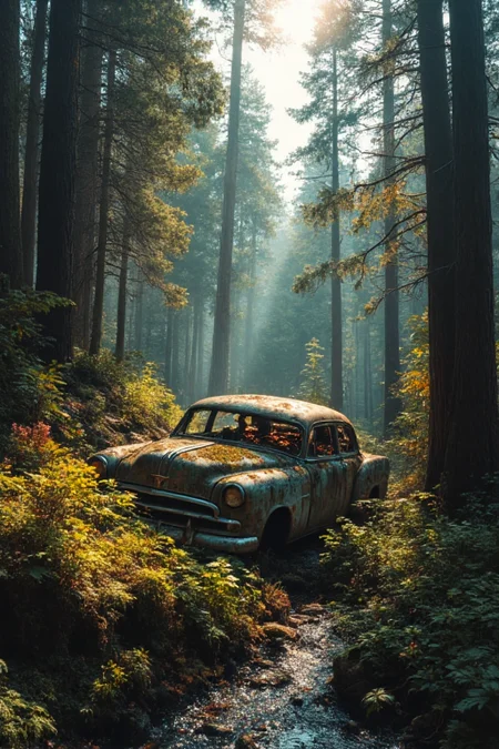 A vintage, rusted car sits abandoned in the heart of a dense, misty forest. The car, a 1950s sedan, is partially overgrown with moss and vines, its once-gleaming chrome now dulled by time. The forest is alive with towering pine trees, their trunks thick and gnarled, casting long shadows across the forest floor. Sunlight filters through the canopy in scattered beams, illuminating patches of ferns and wildflowers. The air is thick with the scent of damp earth and pine, and a faint mist lingers, adding an eerie, otherworldly atmosphere. A small stream trickles nearby, its clear water reflecting the soft, golden light of late afternoon. The scene is silent, save for the occasional rustle of leaves or distant birdcall, evoking a sense of quiet isolation and forgotten history. The car’s windows are cracked, and its interior is filled with fallen leaves, suggesting years of neglect. The mood is melancholic yet captivating, blending decay with the enduring beauty of nature reclaiming its space.