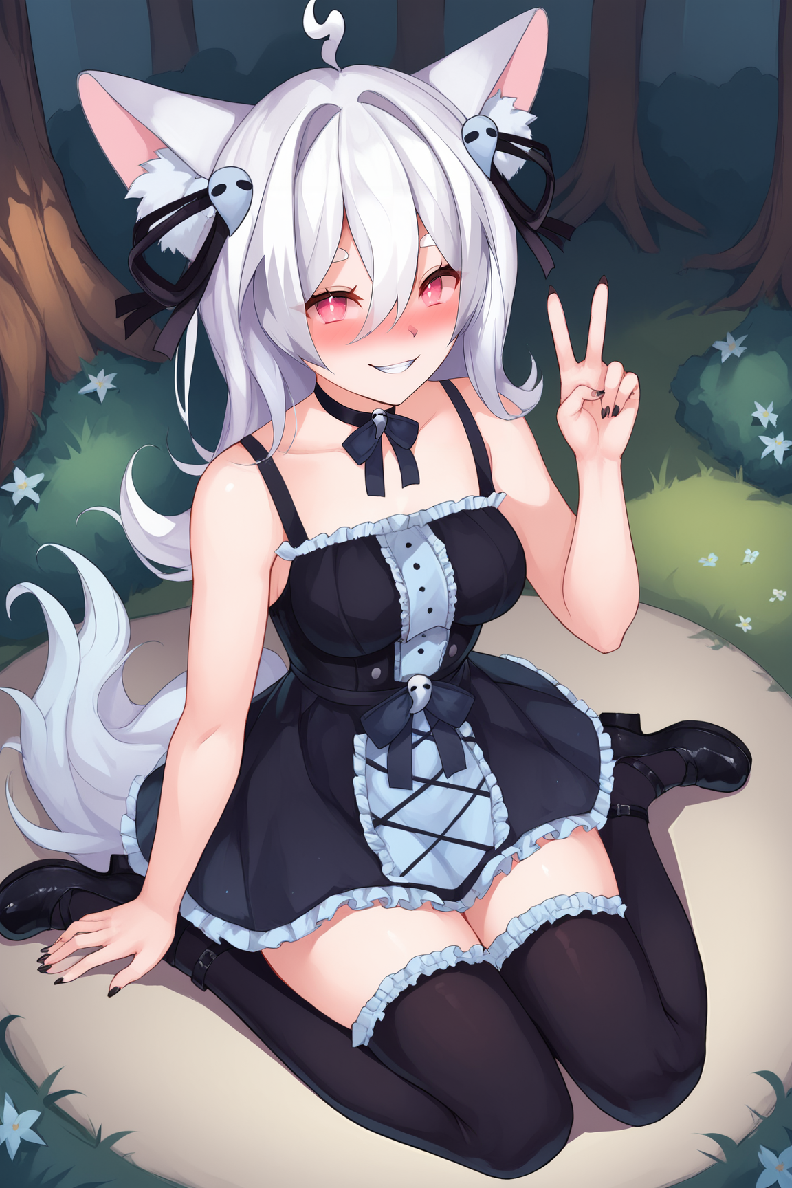 score_9, score_8_up, score_7_up, score_6_up, BREAK, PookyBooVTPXLv2, pink eyes, white hair, long hair, hair between eyes, hair ornament, ahoge, animal ears, animal ear fluff, black choker, medium breasts, bare shoulders, black ribbon, black dress, black ribbon belt, black skirt, black thighhighs, black shoes, solo, sitting, above view, peace sign, seductive smile, looking at viewer, naughty face, nose blush, forest <lora:PookyBooVTPXLv2:1>