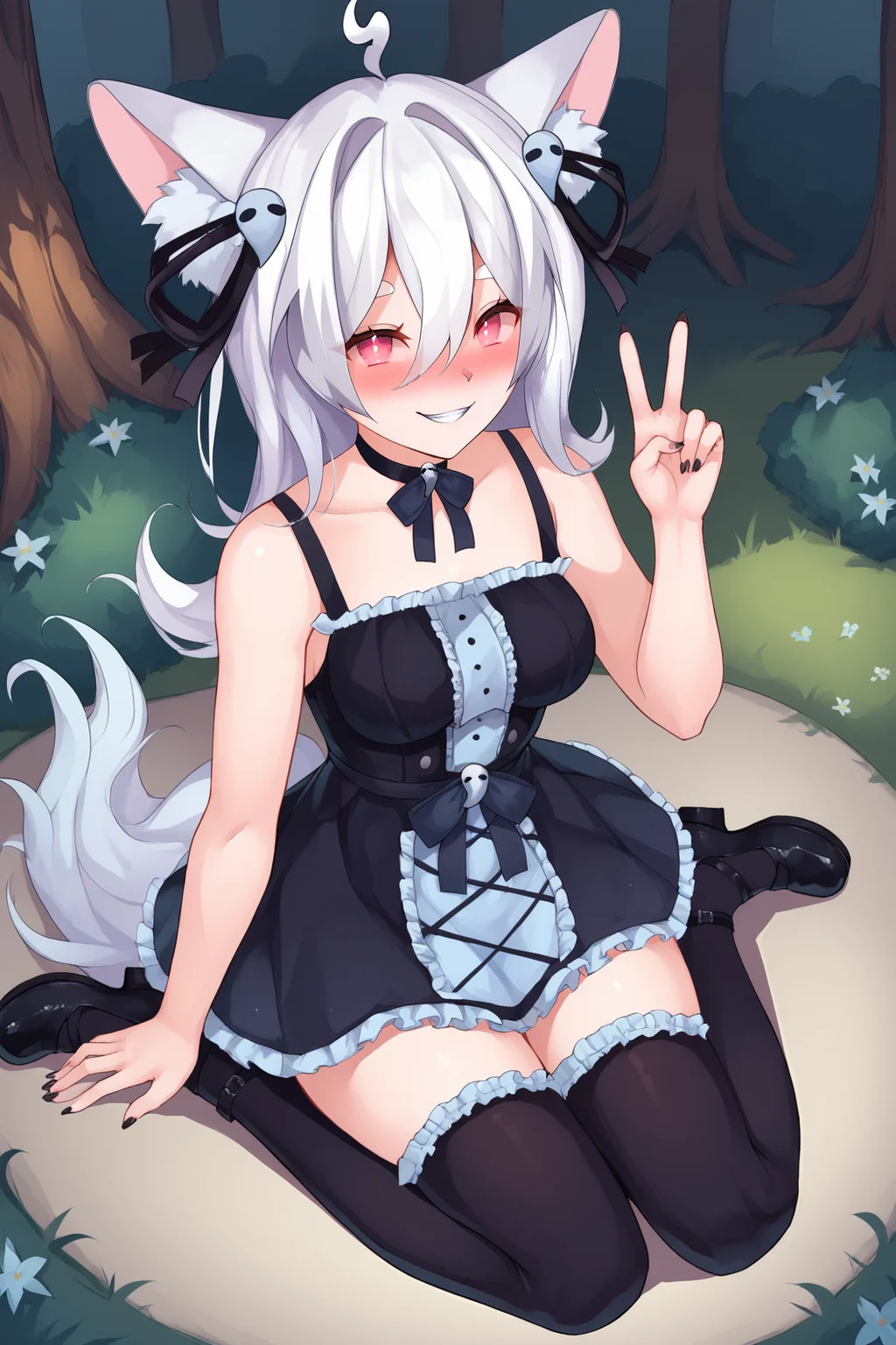 score_9, score_8_up, score_7_up, score_6_up, BREAK, PookyBooVTPXLv2, pink eyes, white hair, long hair, hair between eyes, hair ornament, ahoge, animal ears, animal ear fluff, black choker, medium breasts, bare shoulders, black ribbon, black dress, black ribbon belt, black skirt, black thighhighs, black shoes, solo, sitting, above view, peace sign, seductive smile, looking at viewer, naughty face, nose blush, forest <lora:PookyBooVTPXLv2:1>