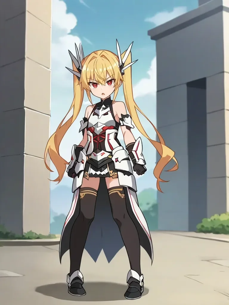 <lora:viopriserenapony:1>,
score_9, score_8_up, score_7_up, source_anime, 2d, anime_screencap, 1girl, solo, serenavp, blonde hair, long hair, twintails, red eyes, hair ornament, armor, bare shoulders, gloves, waist cape, black thighhighs, black footwear, standing, serious, outdoors, open mouth, dynamic pose