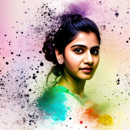 realistic photo of Beautiful indian woman standing, highly detailed, bright colored graffiti, in the style of dispersion, soft focus