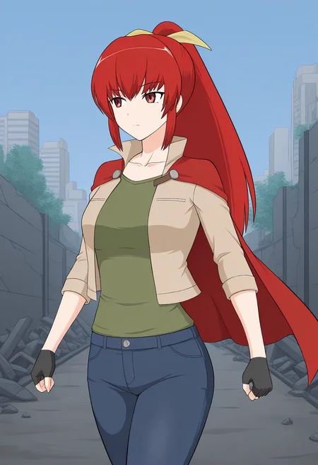 1girl, solo, satsukirindorival, red hair, ponytail, hair ribbon, red eyes, headband, beige jacket, popped collar, open jacket, green shirt, black fingerless gloves, denim pants, red cape, cowboy shot, walking, city, ruins, looking away, stern