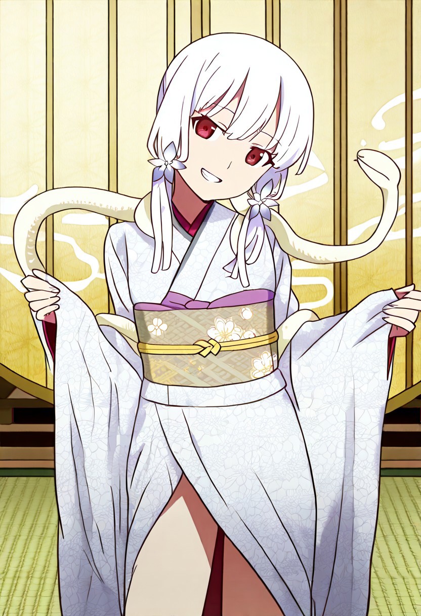 Smooth Quality - Illustrious, sfw,
anime, illustration, nadeko, red eyes,medium hair,white hair,snake hair,albino, 
<lora:NSFWFilter_illusXL_Incrs_v1:-1>
<lora:Snake_on_Shoulders:0.8> sn4k3, snake on shoulders, large snake, white snake,
1girl, solo, standing, cowboy shot, alluring pose, 
japanese clothes, white kimono, furisode, floral print, 
looking at viewer, head tilt, beautiful smile, grin,
golden folding screen, zabuton, tatami,